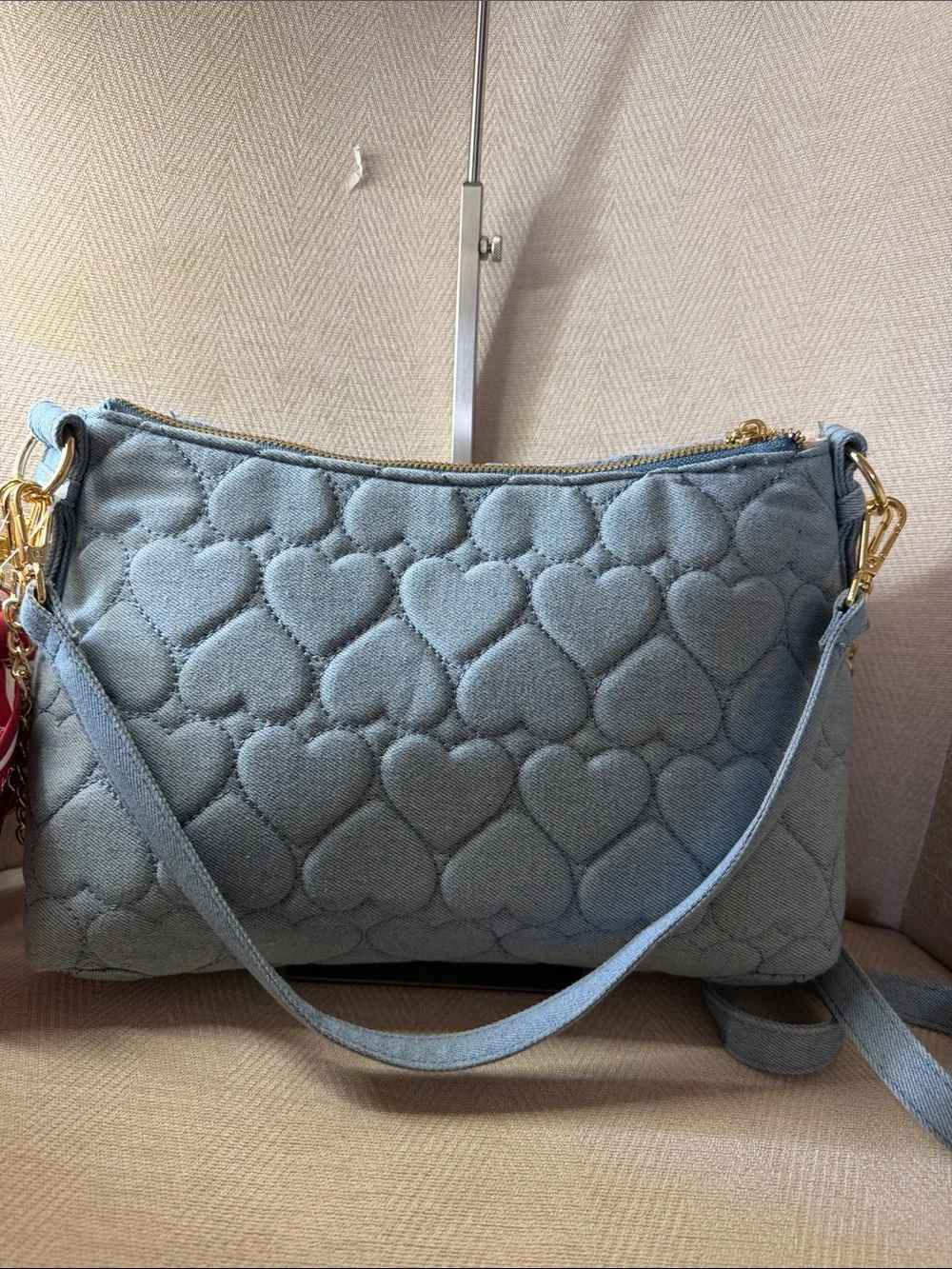 Betsey Johnson Quilted Heart Jeans Shoulder Bag in Light Blue with Bandana Charm